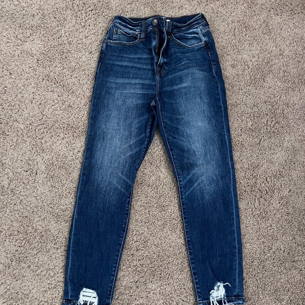 Blue Ankle Cropped Jeans with Distressed Details